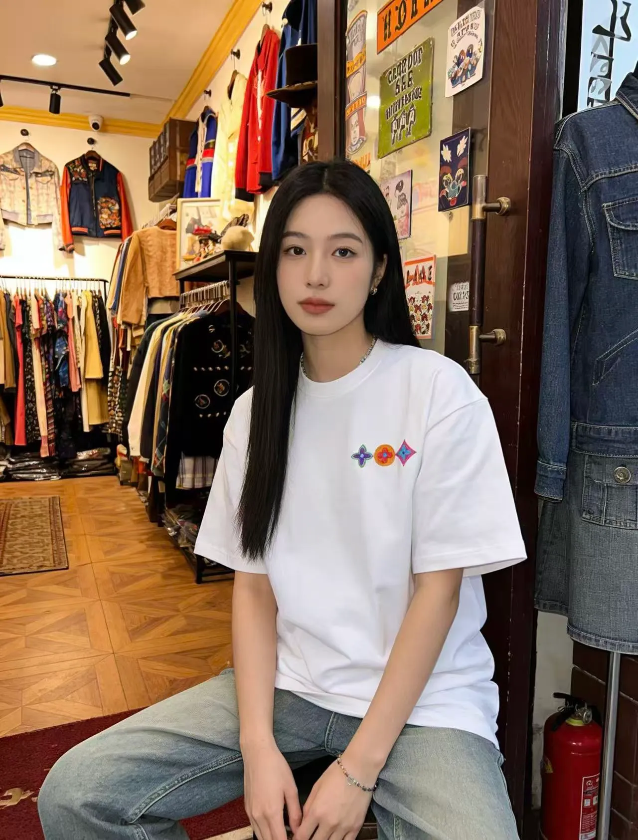 Louis Vuitton/Louis Vuitton colorful three-flower embroidered short sleeves